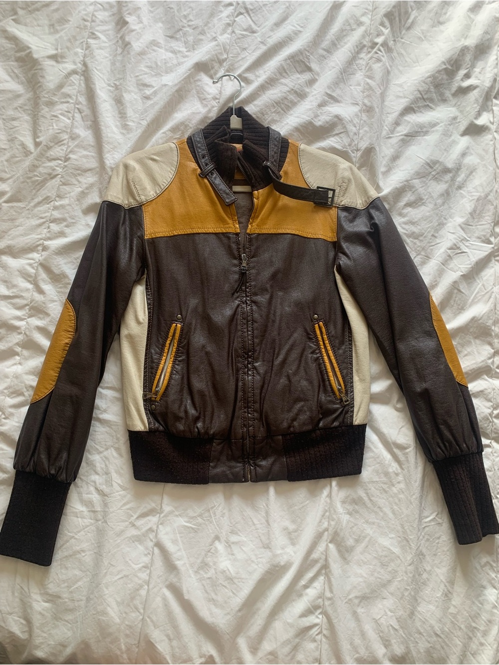Vintage Miss Sixty Brown Tan Cream Colorblock Leather Bomber Jacket